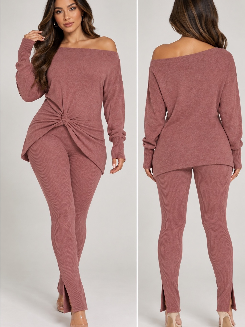 Fashion Nova Dusty Rose Off-Shoulder Knit Twist Top & Ribbed Leggings Set